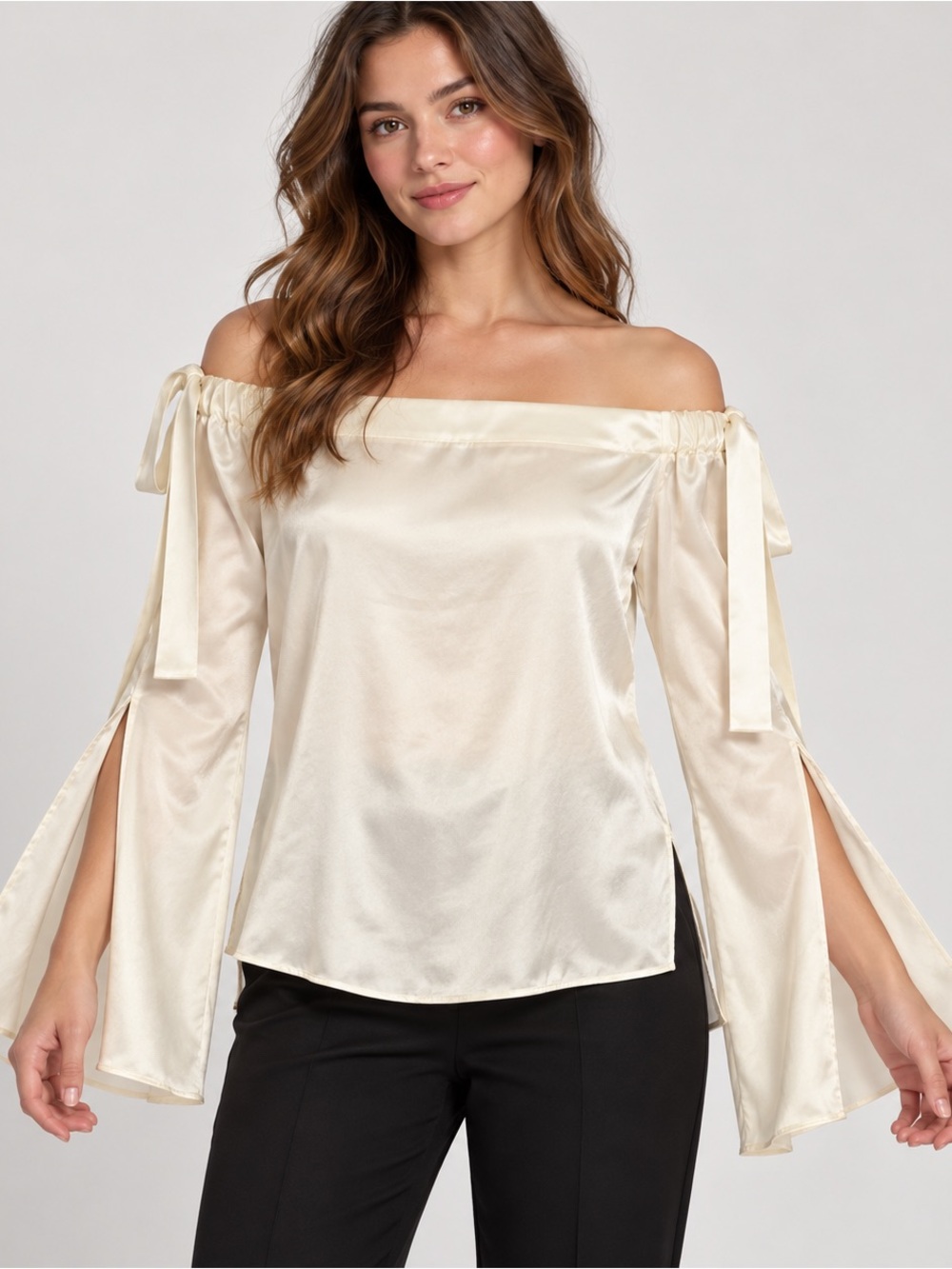 Ivory Satin Off-Shoulder flowy Blouse with Split Bell Sleeves & Shoulder Ties